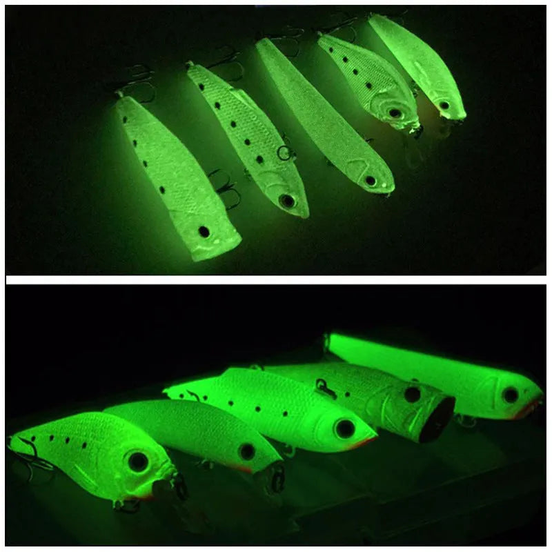 Set of 5 fluorescent simulation hard bait fishing lures with 3D submerged luminous design