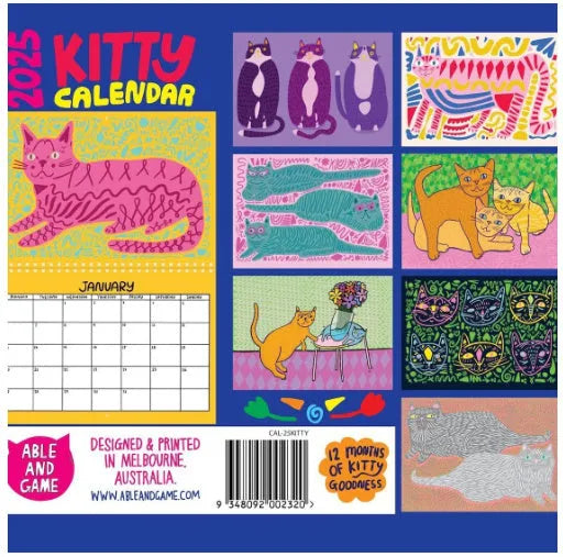 Cat-themed wall calendar with 2024 and 2025 model options showing monthly date layout