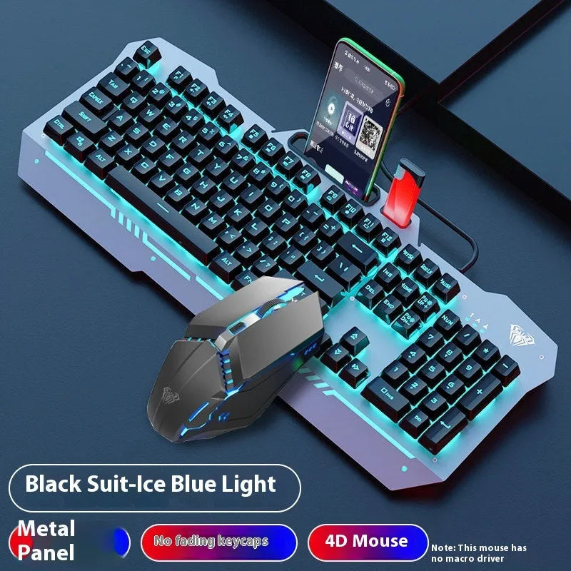 Metal mechanical keyboard bundle with gaming mouse, headset, and optional mouse pad on a desk.