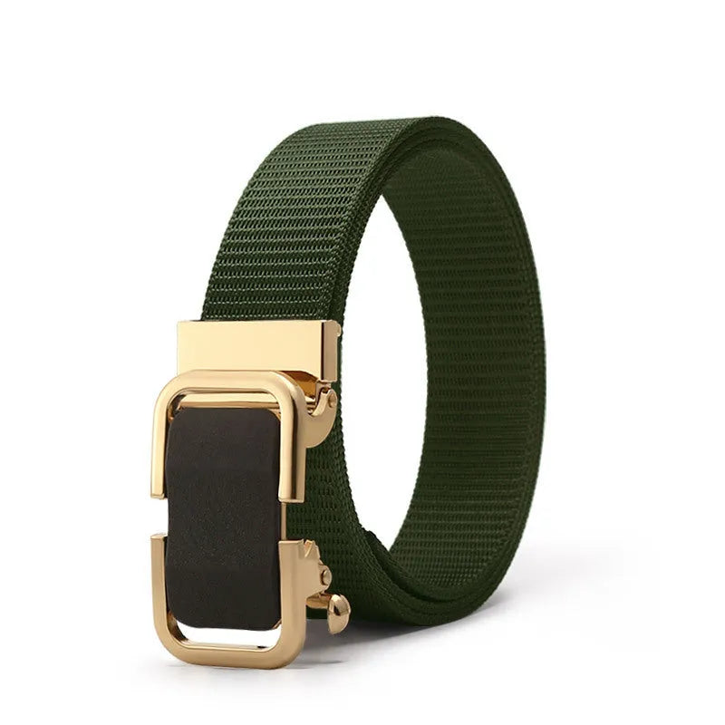 Toothless nylon canvas men's belt with alloy buckle shown in multiple colour options