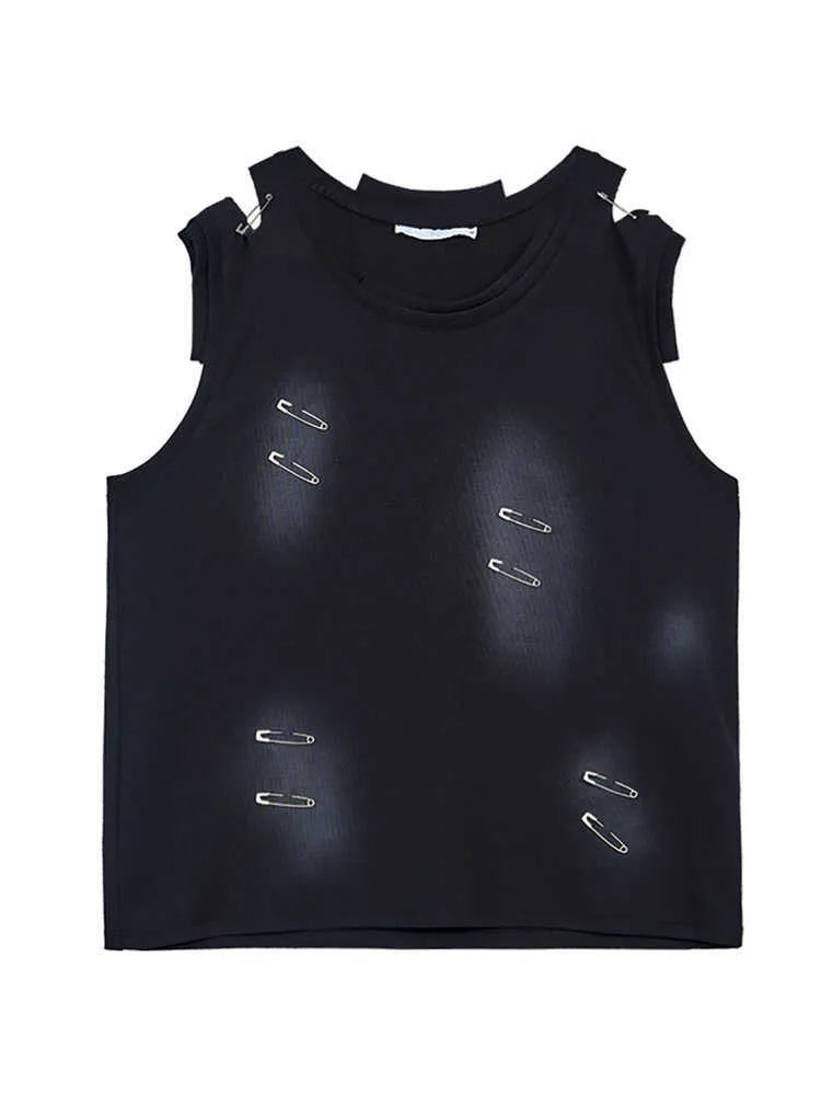 Men's black sleeveless vest waistcoat t-shirt with irregular ripped cutting detail