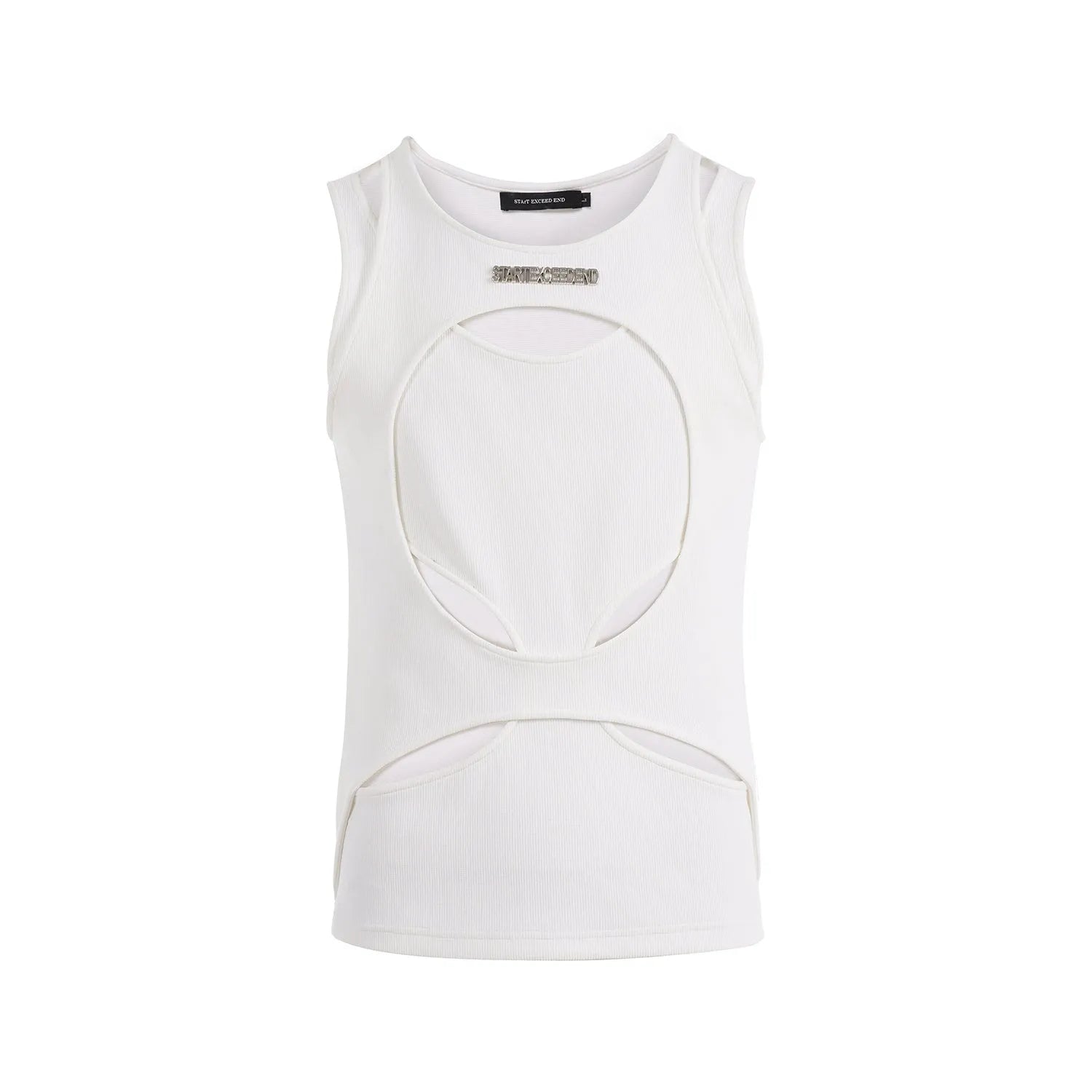 Men's black sleeveless waistcoat vest with a round neck and hollow white thread knit construction
