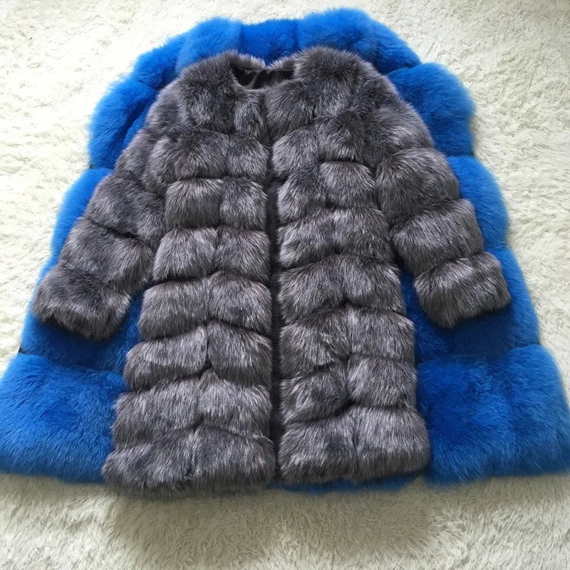 Women's artificial fur coat in dark camel colour with regular sleeves and 80cm length