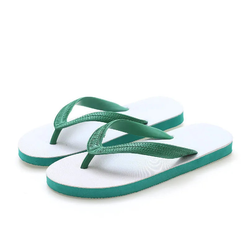 Rubber beach flip-flops with fish label design in green, red, blue, and black colour options