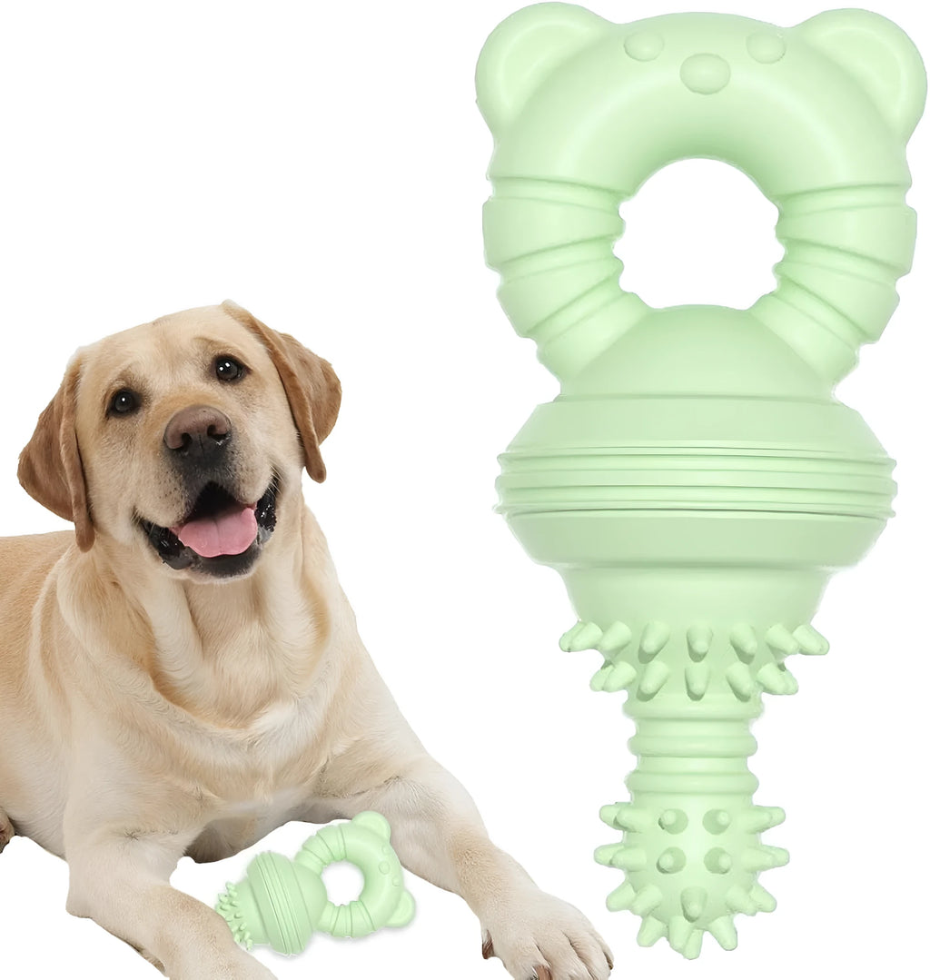 Blue rubber molar dog chew toy with bell for aggressive chewers and teeth cleaning