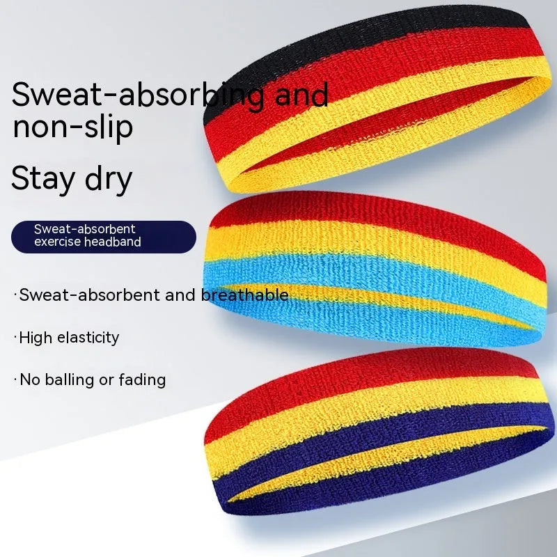 Cotton sports headband for adults in black red yellow colour combination measuring 5.5 by 20 cm