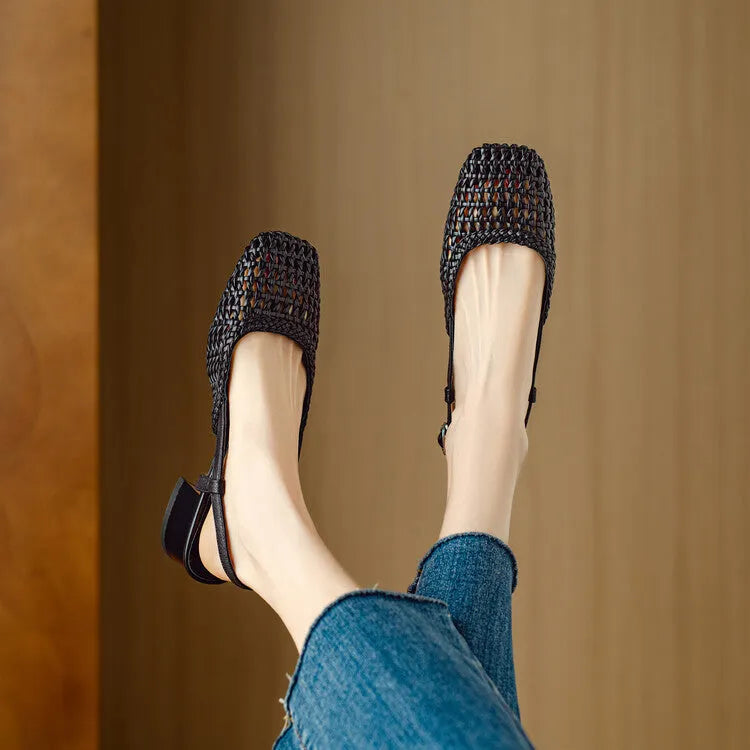 Women's beige woven hollow-out sandals with closed toe, square head, and chunky heel.