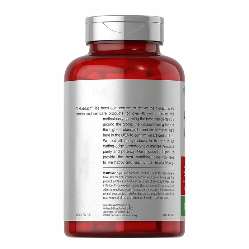 Bottle of 150 apple cider vinegar health supplement capsules on a white background.