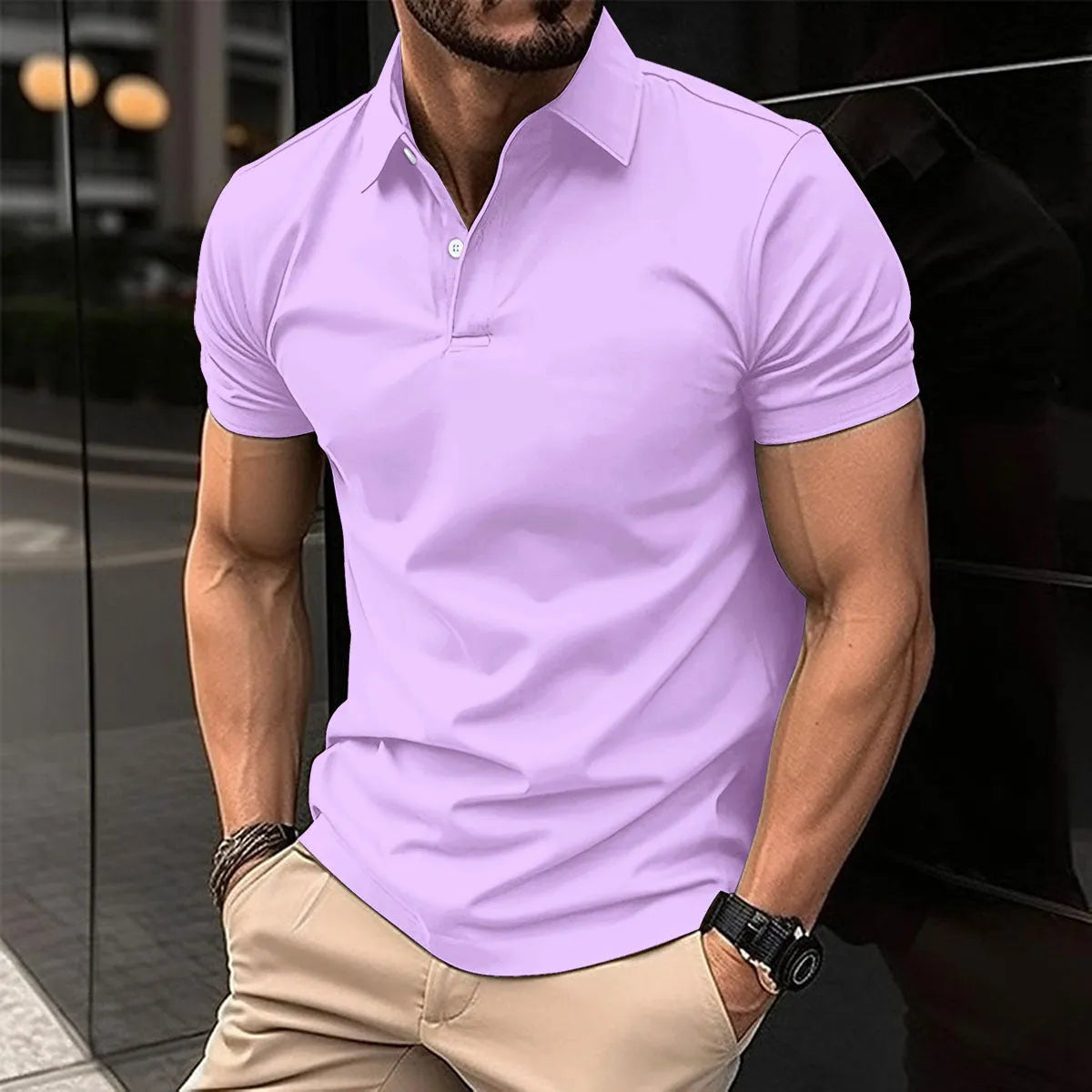 Men's solid colour polo shirt with short sleeves and button lapel in cotton blend fabric