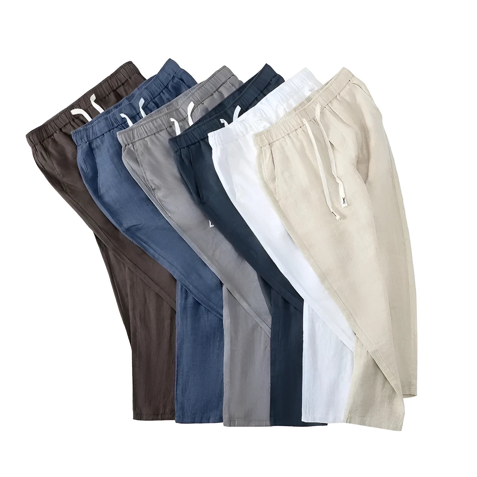 Pure linen Chinese style trousers with elastic drawstring waist in straight leg cut