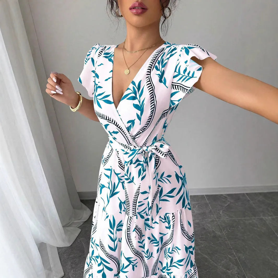 Lace-up floral short-sleeve ruffle sleeve midi dress in polyester, navy blue colour