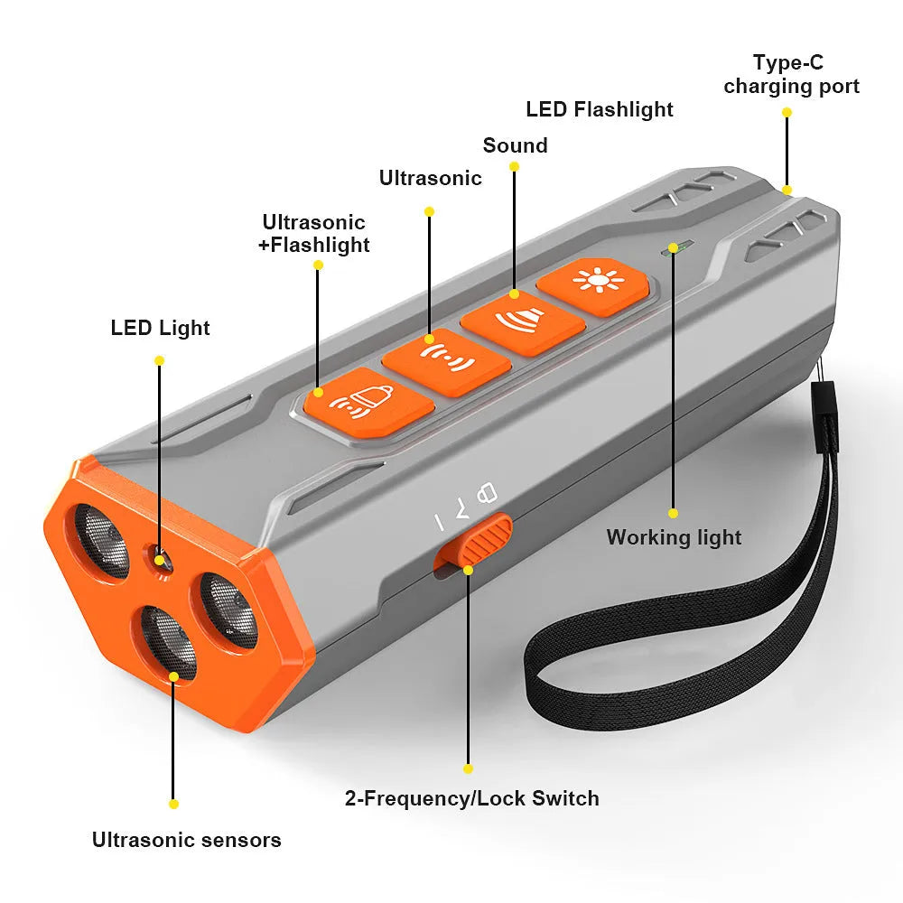Creative Home Lighting three-head ultrasonic dog trainer in grey-orange and black-orange colour options.