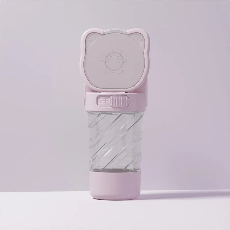 Green pink white portable pet water bottle with food container and waste bag dispenser