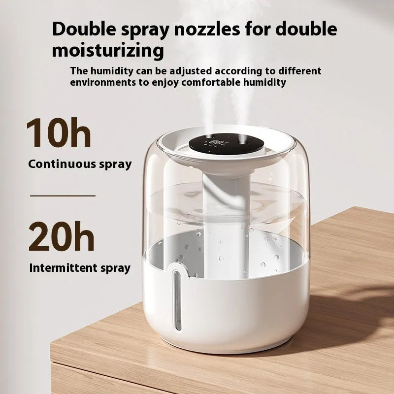 Beige round large capacity USB humidifier with dual spray nozzles, night light, and display