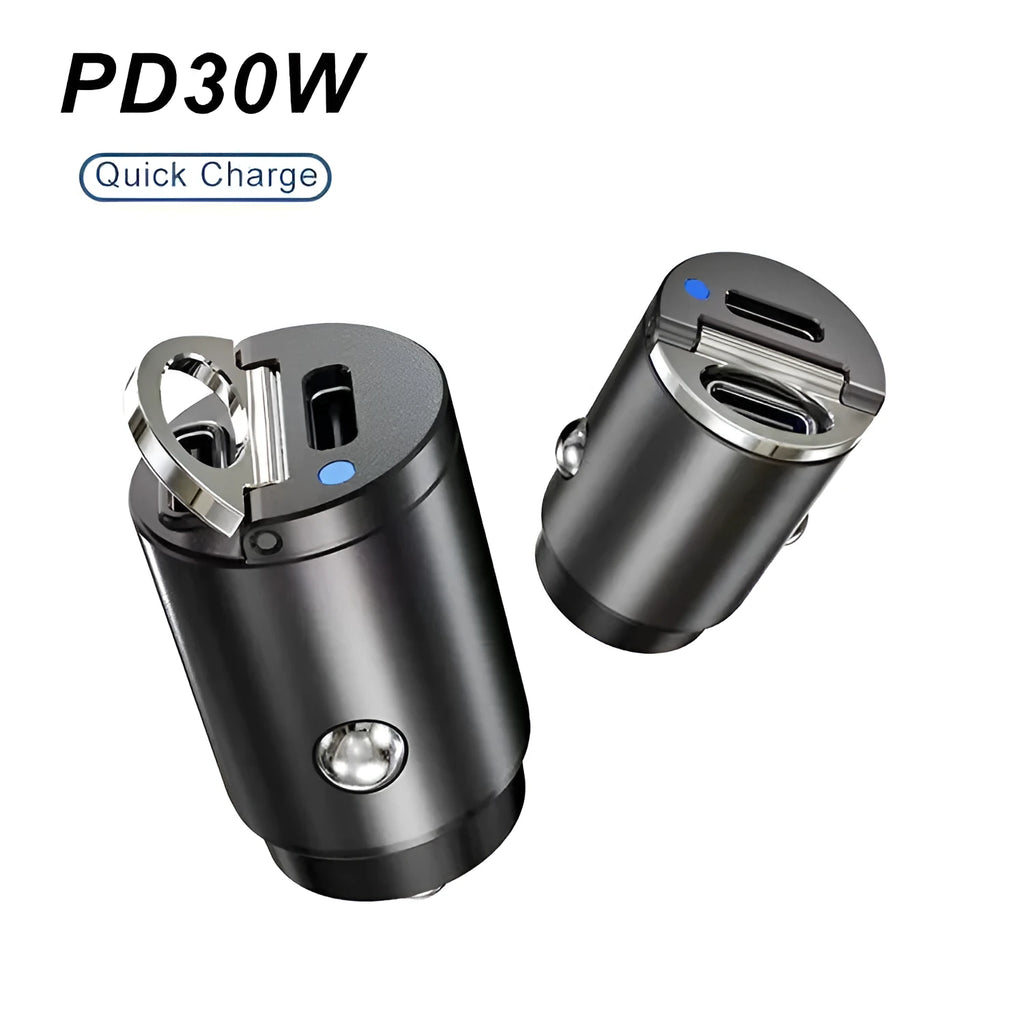 Mini 30W car cigarette lighter charger with zinc alloy body measuring 45mm by 20.7mm
