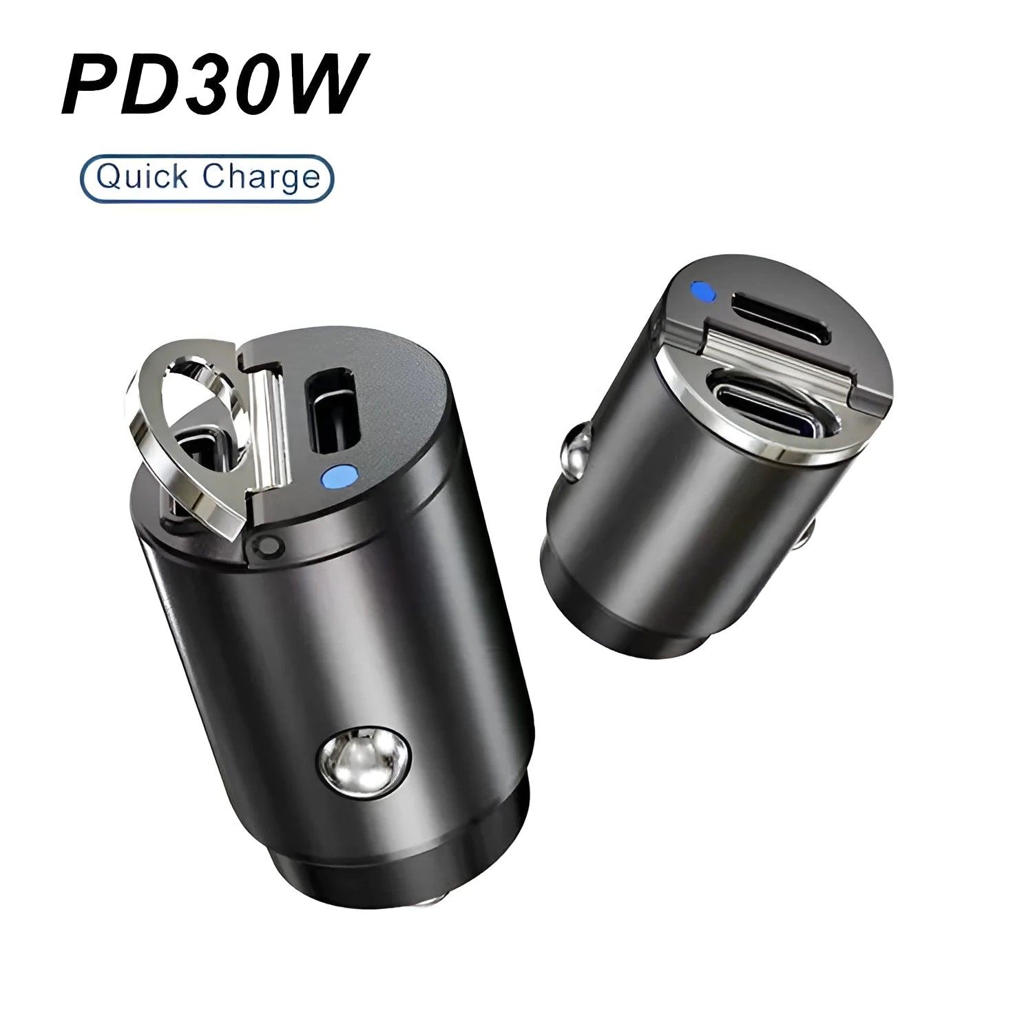 Mini 30W car cigarette lighter charger with zinc alloy body measuring 45mm by 20.7mm