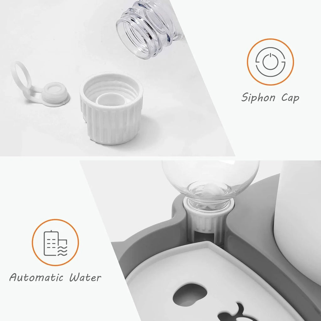 Grey panda-shaped pet feeder with tilted stainless steel bowls and automatic water bottle
