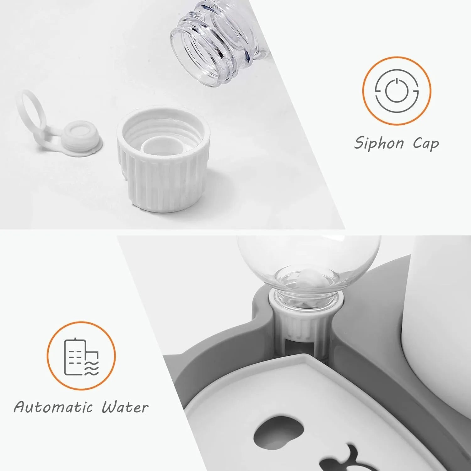 Grey panda-shaped pet feeder with tilted stainless steel bowls and automatic water bottle