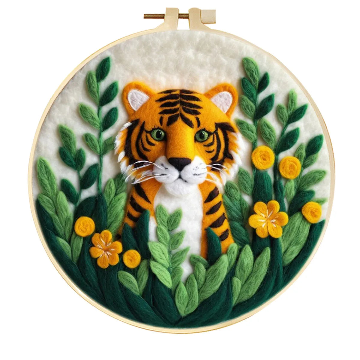 Round linen embroidery kit with wool felt materials for three-dimensional floral design