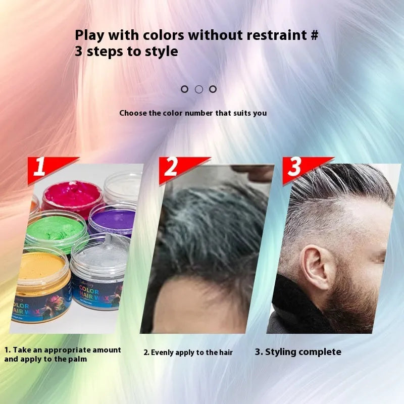 120g hair styling clay jar in one of nine colours: white, orange, red, yellow, blue, green, purple, rose red, or granny grey