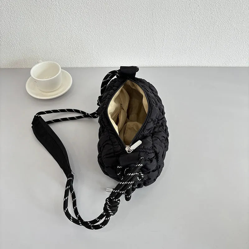 Women's soft nylon pillow crossbody messenger bag with rhombus pattern and zippered pocket.