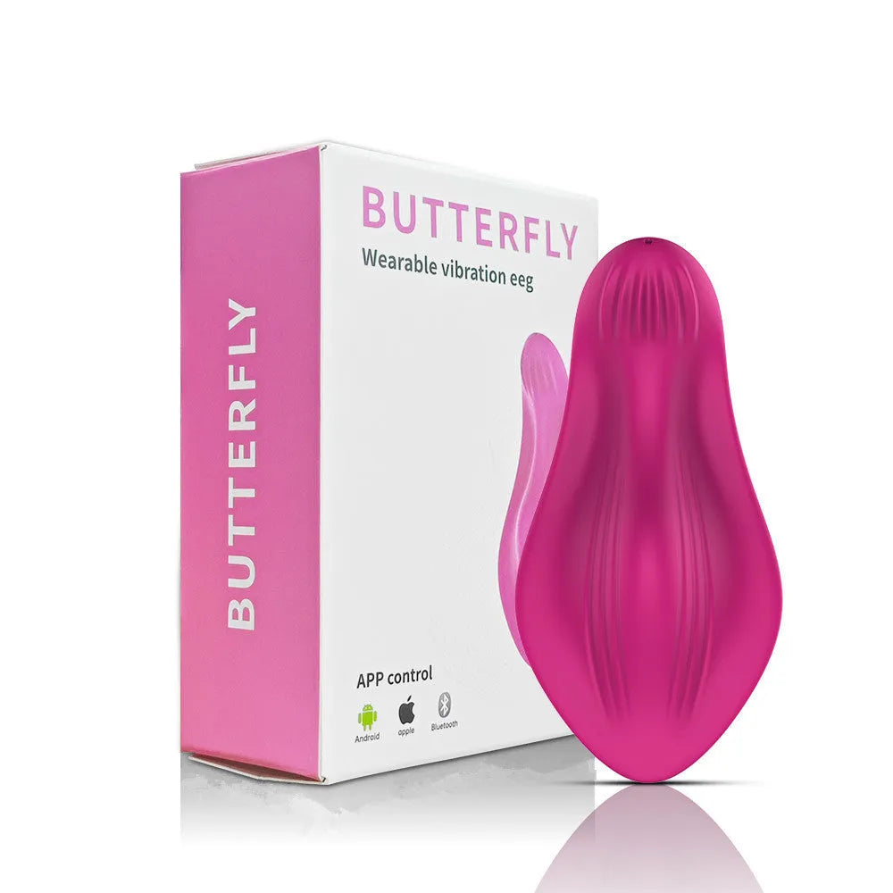 Rose red butterfly-shaped wearable vibrator with smartphone app control for external stimulation