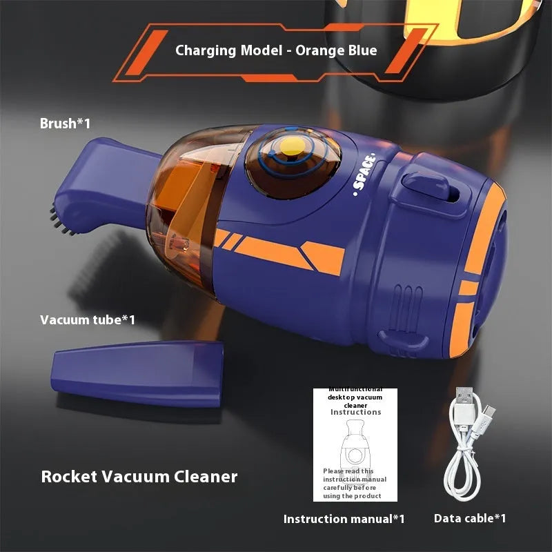 USB desktop vacuum cleaner in blue rocket design for keyboard and desk cleaning