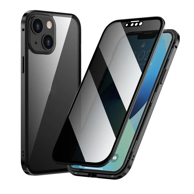 Magneto privacy-proof phone case with a double-sided metal frame, shown in a choice of colours for iPhone models.