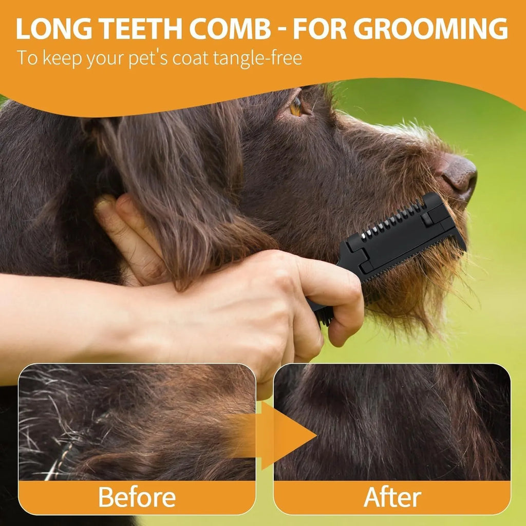 A 2-in-1 razor comb for grooming dogs and cats, shown with replacement blades.