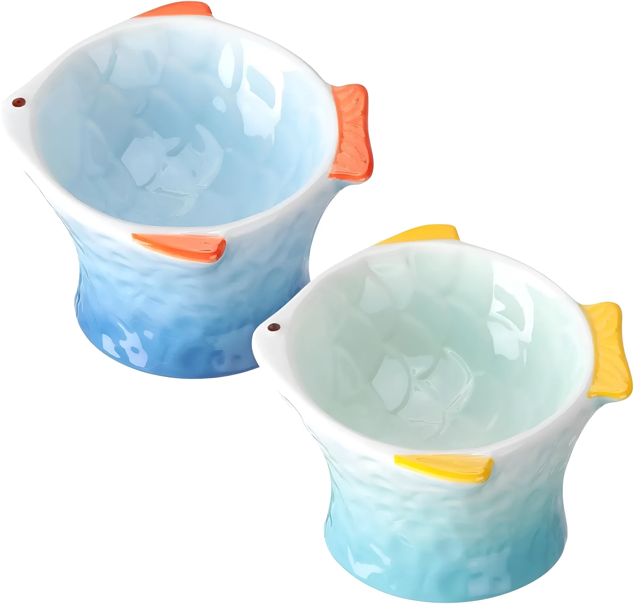 Set of four blue fish-shaped ceramic cat bowls with tilted design and elevated base