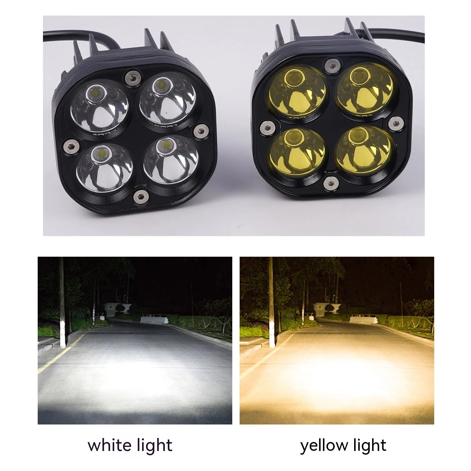 Four-eye vehicle headlight modification kit with aluminium base plate showing white and yellow light options