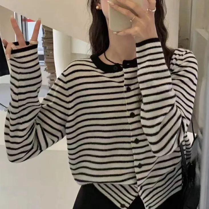 Women's dark grey and white striped slim-fit cardigan coat with short 40cm length.