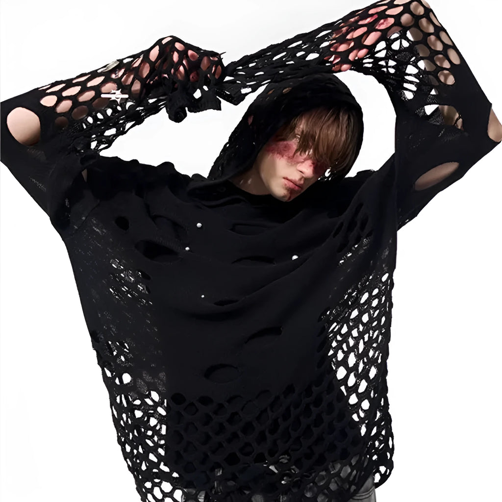 Black men's loose fit hoodie with pearl decorations on the hood, showing thin hollow knit construction.