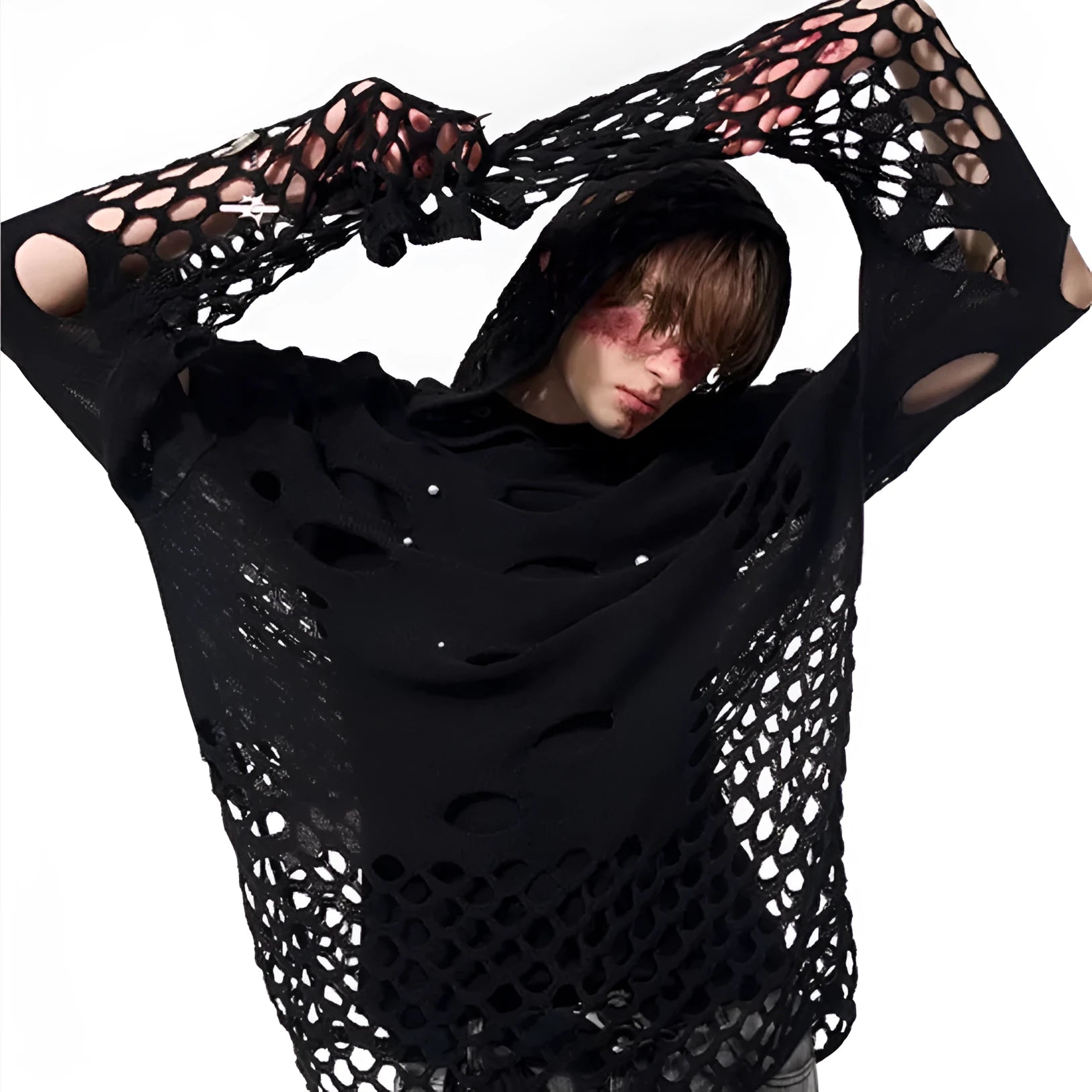 Black men's loose fit hoodie with pearl decorations on the hood, showing thin hollow knit construction.