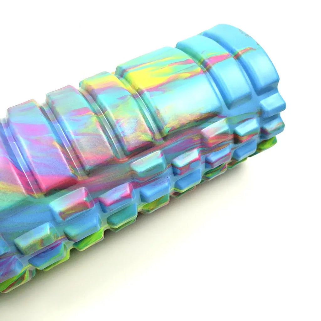 33cm camouflage pattern EVA foam roller in blue green yellow colour shown on exercise mat