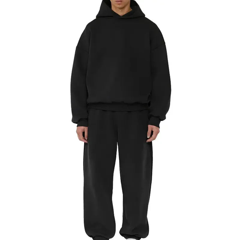 Men's solid color fleece-lined pullover hoodie with threaded long sleeves in gray, black, blue, or red.