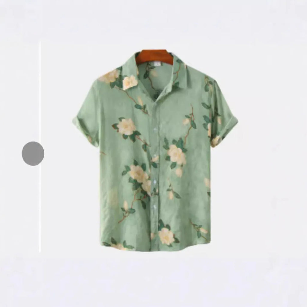 Hawaiian print short sleeve shirt with lapel collar and floral pattern in multiple colour options