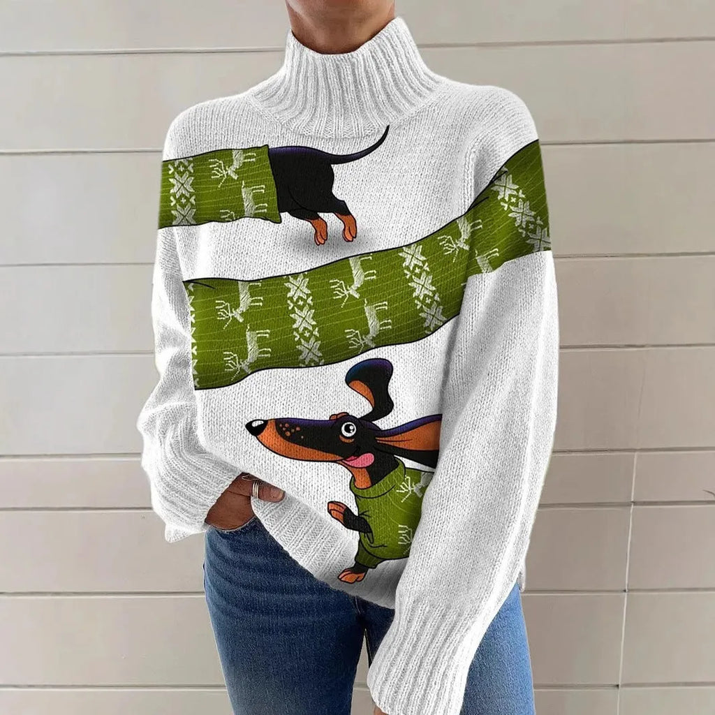 Women's loose fit red Christmas print turtleneck sweater with long sleeves.
