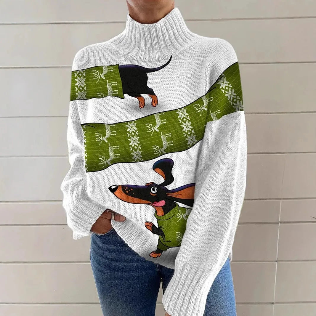 Women's loose fit red Christmas print turtleneck sweater with long sleeves.