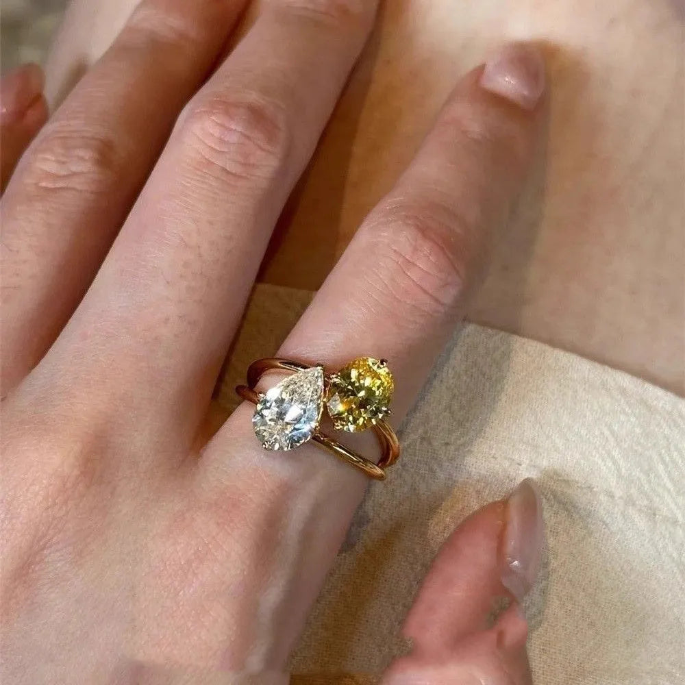 Women's copper geometric open ring with water drop double sheng stone decoration