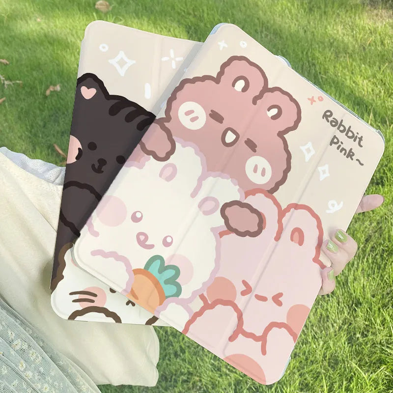 Silicone tri-fold iPad protective case with cartoon rabbit design shown open as a stand
