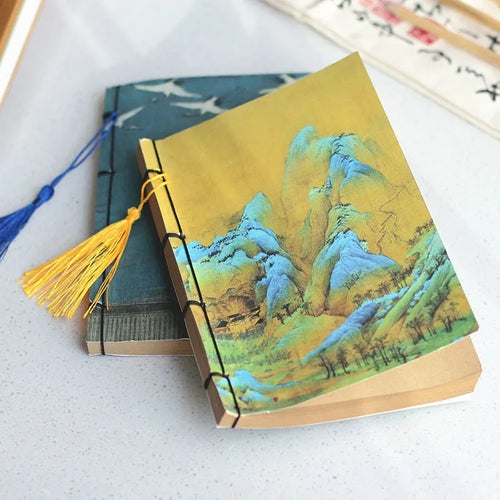 A5 antique wire-bound notebook with retro Chinese painting design on glossy embossed cover