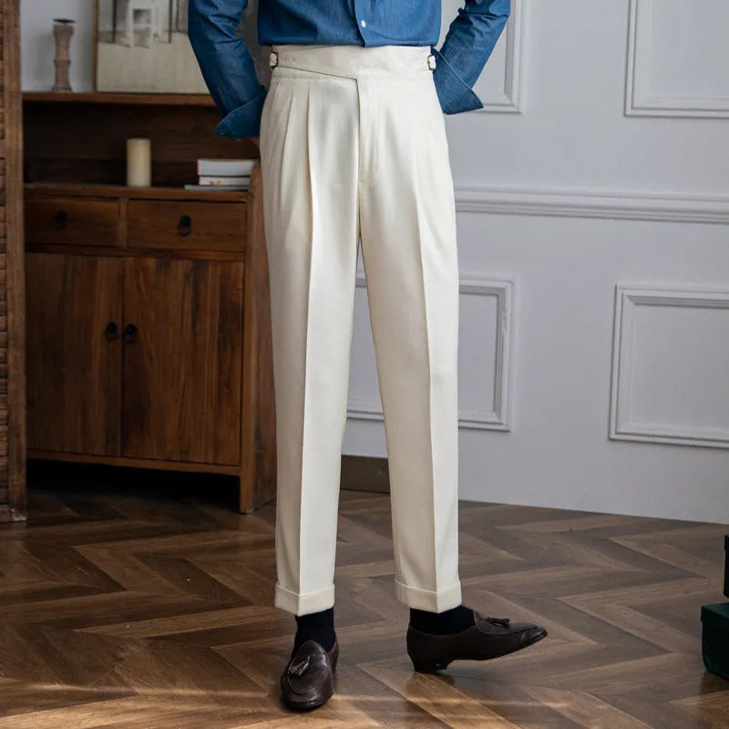 Men's high waist straight leg casual trousers in polyester fabric