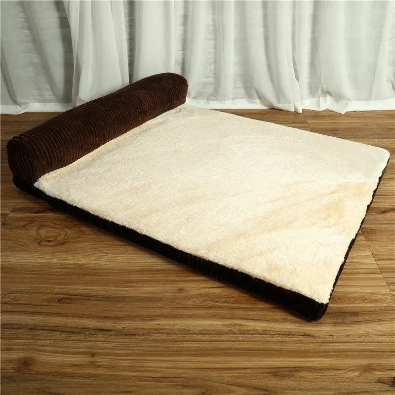 Corduroy pet sofa dog bed in grey colour with a non-slip base, shown in a medium size.