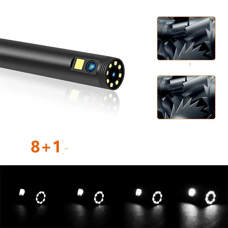 F300 wireless dual lens endoscope with 5.5mm and 8mm waterproof camera probes, hook, and magnet accessories