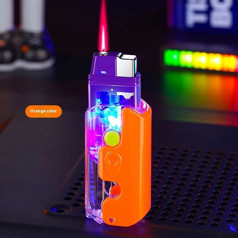 Plastic luminous radish lighter in orange purple and green colours with windproof flame capability