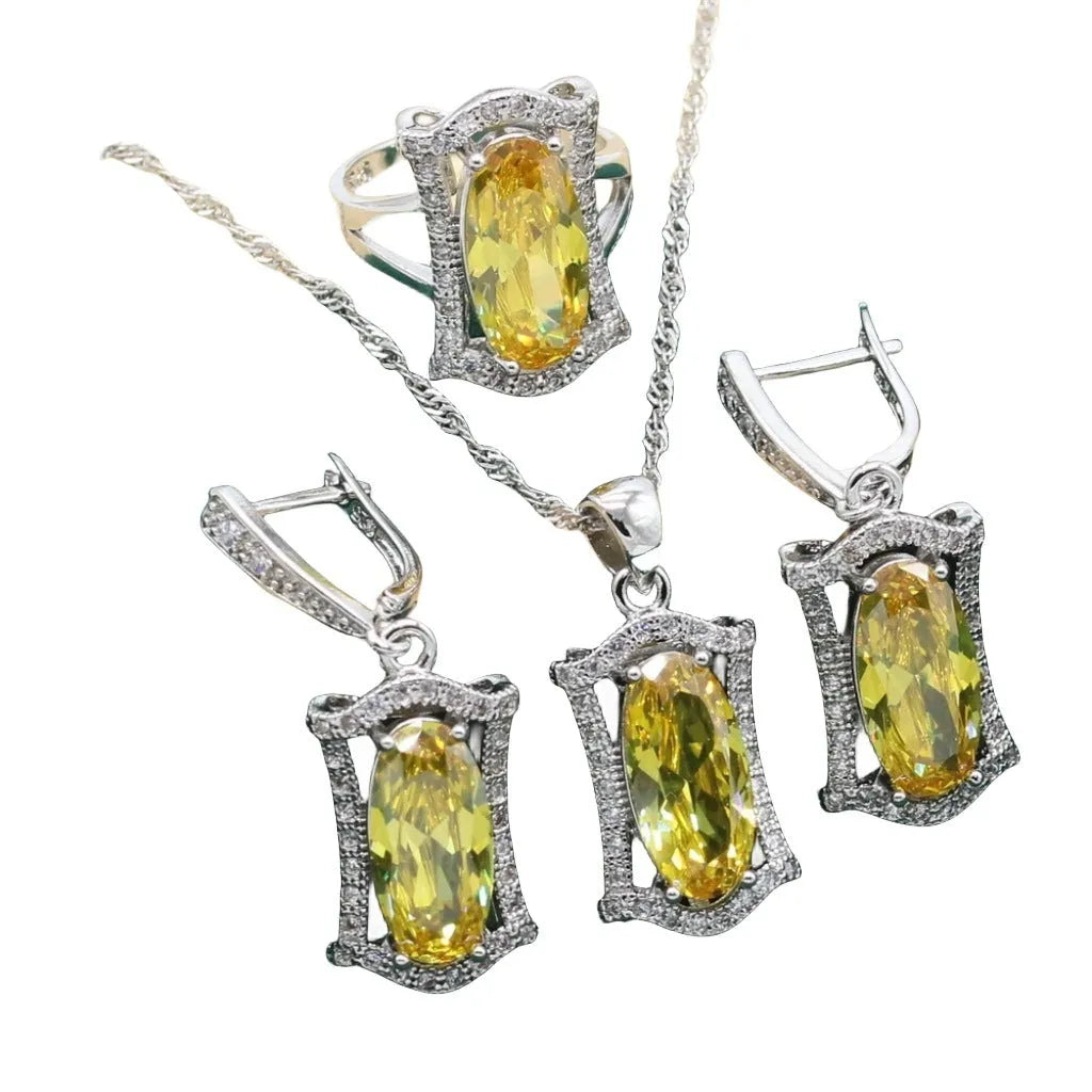 Anti-allergy zircon jewellery set showing matching necklace, earrings, ring and bracelet with snake chain detail