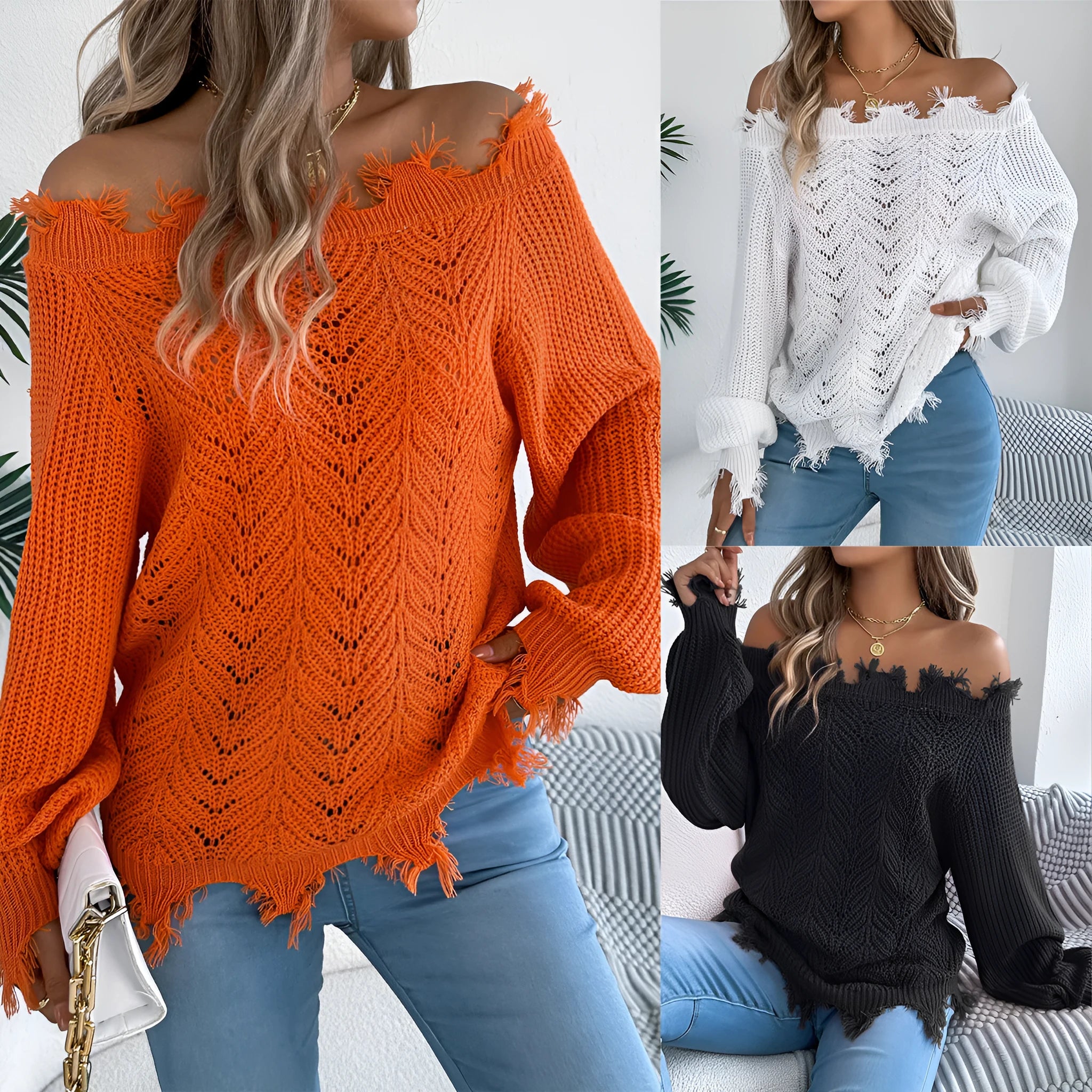 White hollow-out cut-off shoulder pullover sweater with long sleeves on hanger