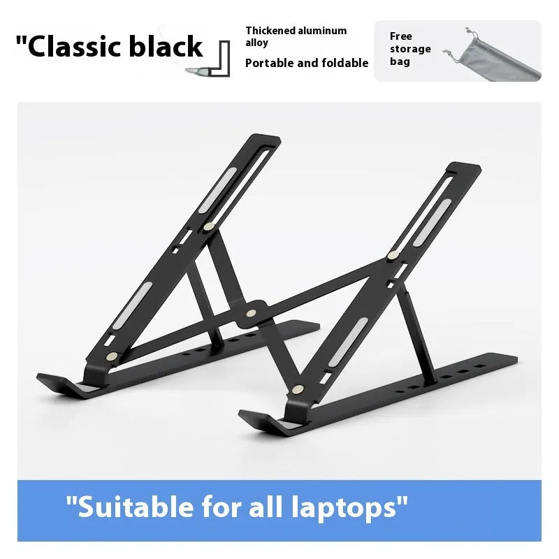 Silver aluminium laptop stand holding a notebook at an angle on a desk