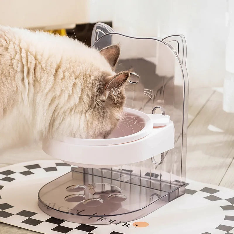 Adjustable height cat bowl with cat ear design in grey or pink, featuring anti-spill fixed hanging body for cages